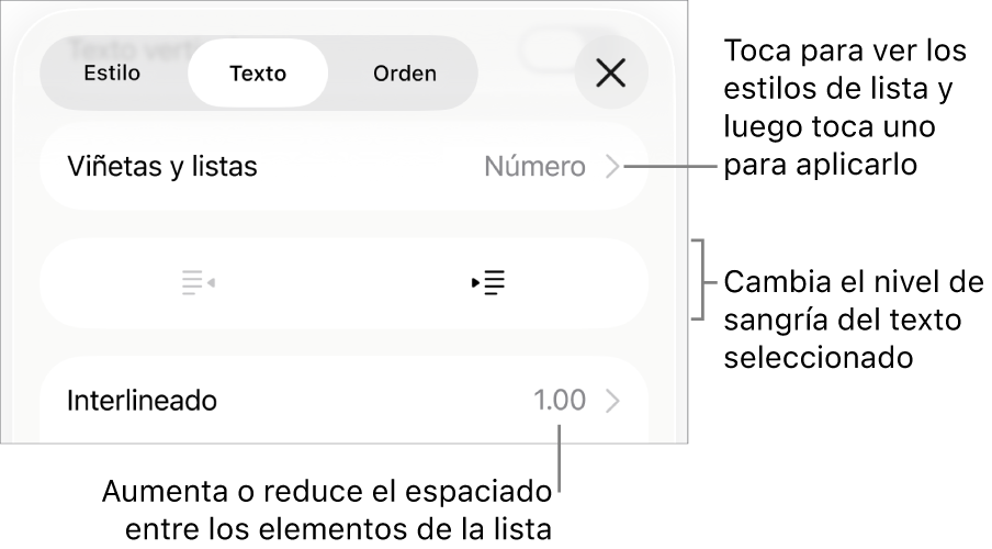 La sección Viñetas y listas de los controles de formato con texto que señala la sección Viñetas y listas, los botones de las sangría derecha o izquierda y controles de interlineado.