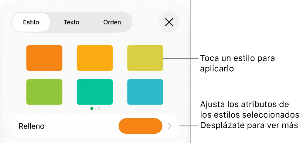 La pestaña Estilo del menú Formato con estilos de objeto en la parte superior y un control debajo para cambiar el relleno.