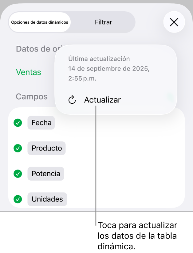 El menú Opciones de datos dinámicos mostrando la opción de actualizar la tabla dinámica.