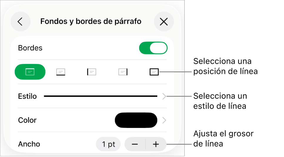 Controles para cambiar el estilo de línea, grosor, posición y color.