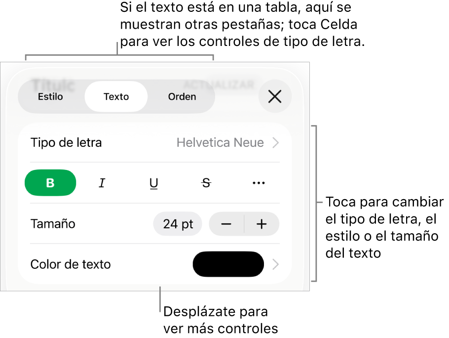 Controles de texto en el menú Formato para configurar los estilos de párrafo y carácter, tipo de letra, tamaño y color.