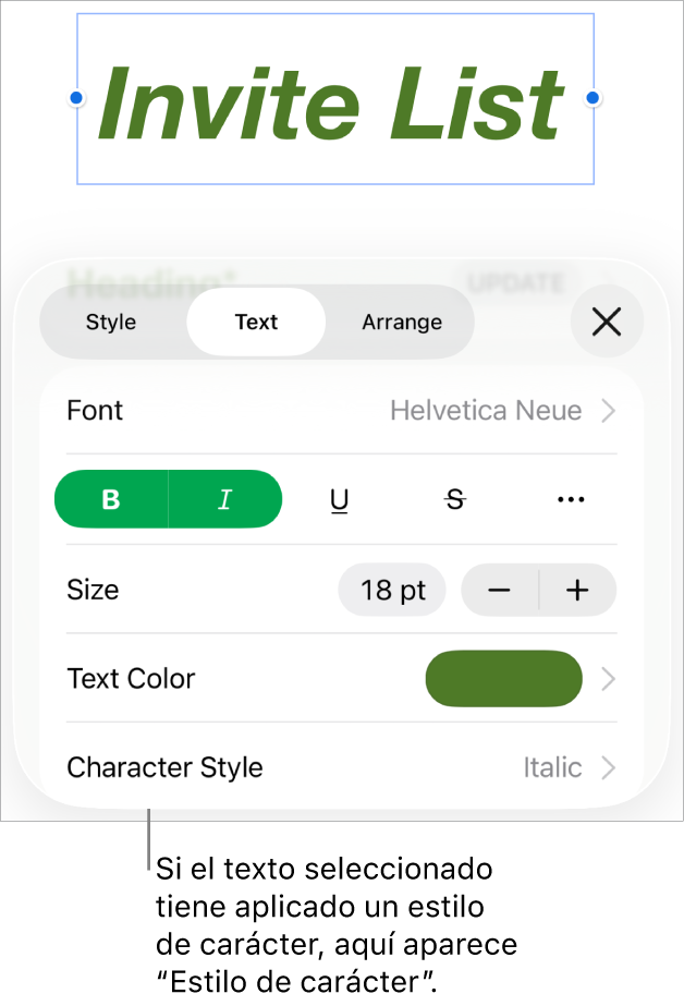 Los controles de formato de texto con “Estilos de carácter” debajo de los controles de color. El estilo de carácter Ninguno aparece con un asterisco.