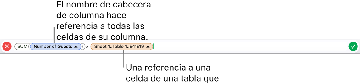 El editor de fórmulas con una fórmula que hace referencia a una columna de una tabla y una celda de otra tabla.