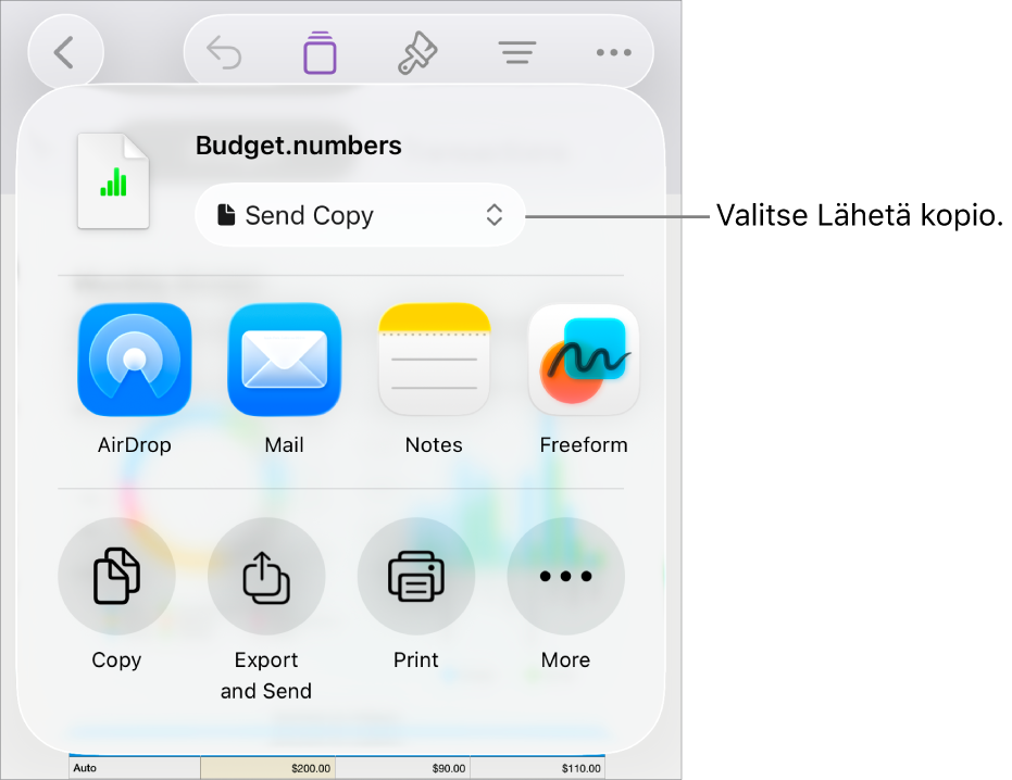 Jaa-valikko, jossa on ylhäällä valittuna Lähetä kopio.