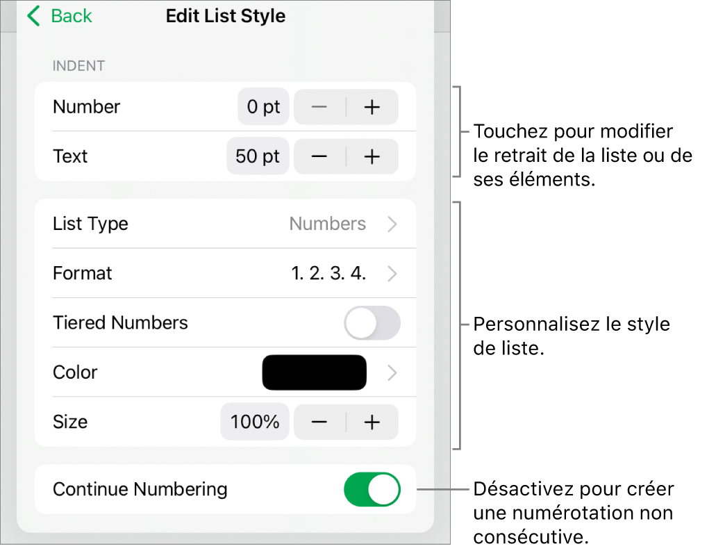 Menu Modifier le style de liste avec les commandes pour le retrait, le type et le format de liste, la numérotation progressive, la couleur et la taille, et la numérotation continue.