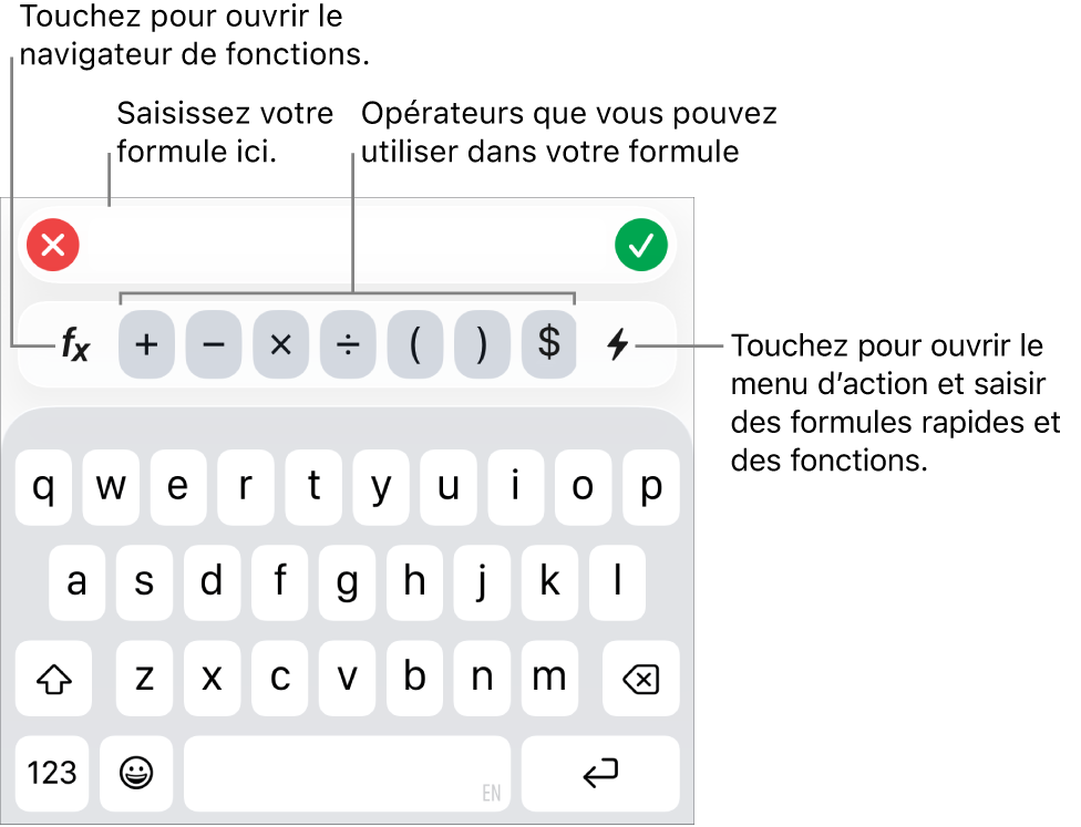 Le clavier des formules, avec l’éditeur de formules en haut et les opérateurs utilisés dans les formules en dessous de celui-ci. Le bouton Fonctions qui permet d’ouvrir le navigateur de fonctions se trouve à gauche des opérateurs et le bouton du menu d’action, à droite.