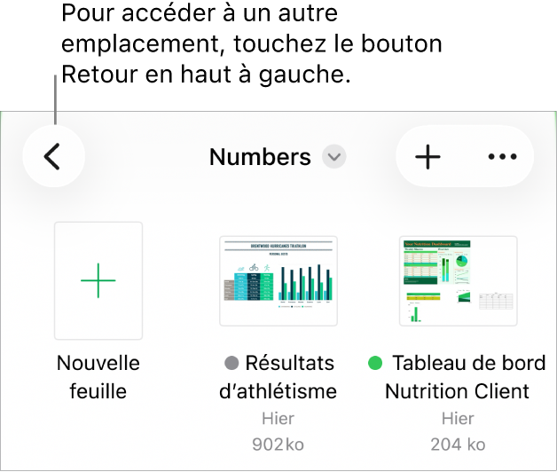 La présentation de navigation du gestionnaire de documents avec le bouton Retour dans le coin supérieur gauche et un champ de recherche en dessous de celui-ci. Sous le champ de recherche se trouve un bouton Créer une feuille de calcul à côté des vignettes des feuilles de calcul existantes. Dans le coin supérieur droit se trouvent les boutons Ajouter et Plus.