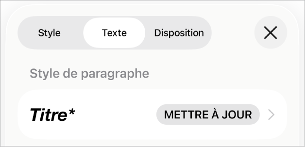 Style de paragraphe avec un astérisque à côté de celui-ci et un bouton Mettre à jour situé à droite.