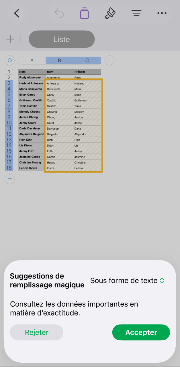 Une feuille de calcul avec des noms en surbrillance et un menu local « Suggestions de remplissage magique » permettant de les accepter ou de les rejeter.