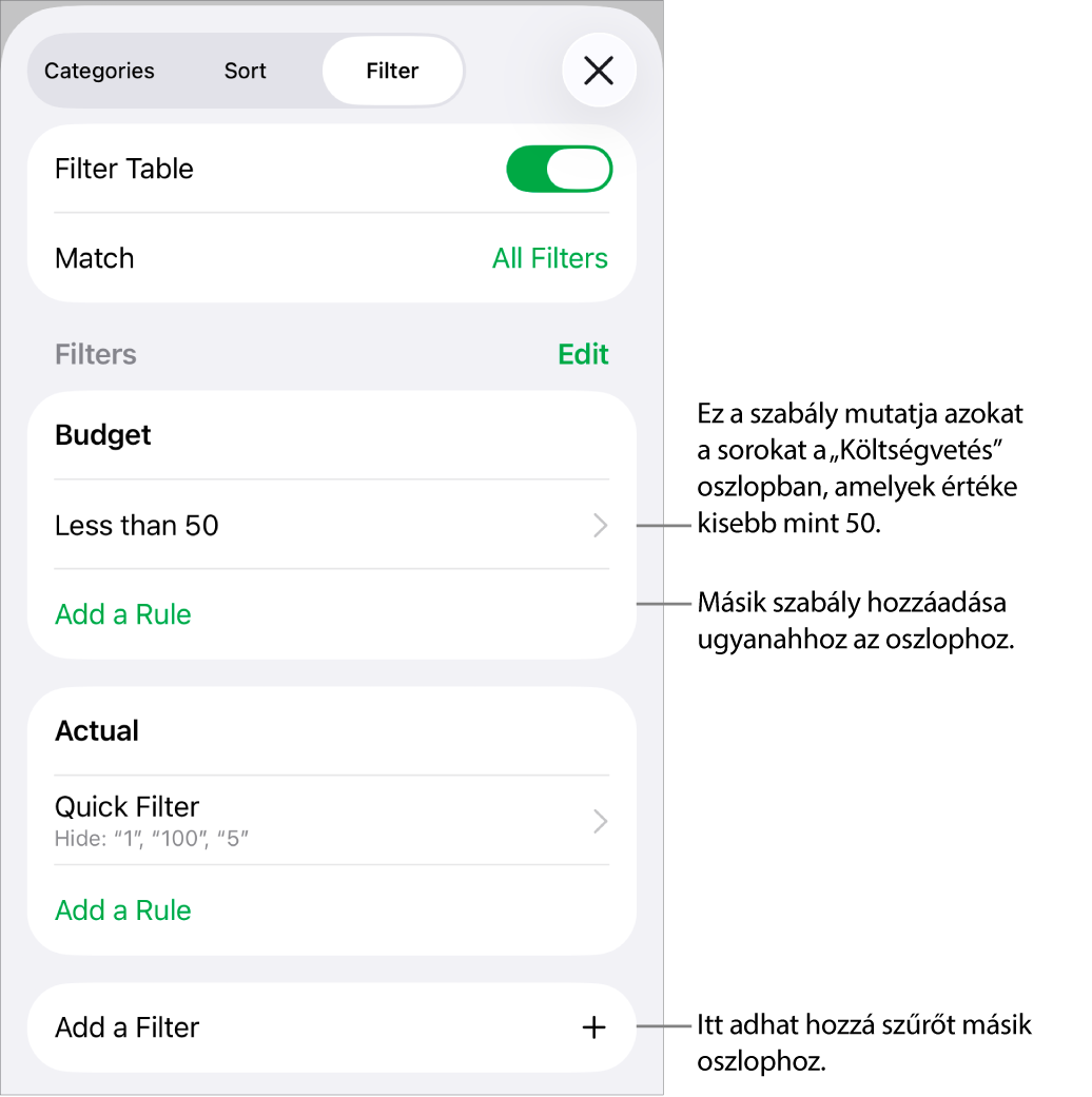 Vezérlők új szűrési szabályok hozzáadásához vagy a meglévők szerkesztéséhez.