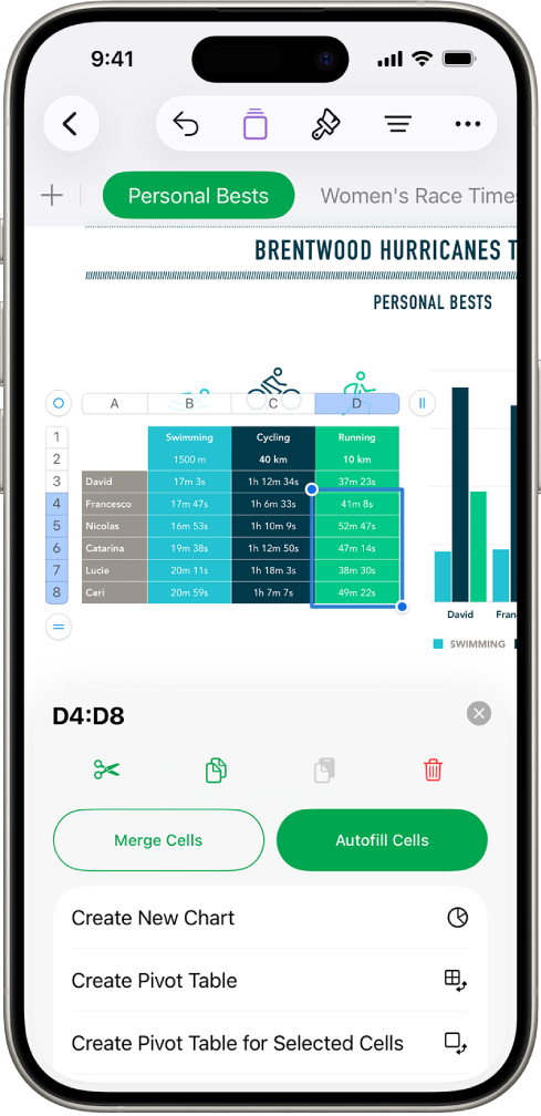 Egy munkafüzetben a megtett túrák táblázata látható, illetve az egyes túrák hossza. A megnyitott Cellaműveletek menüben a mai dátum és az aktuális idő hozzáadása, illetve kiválasztott cellában lévő képlet szerkesztése lehetőségek láthatók.