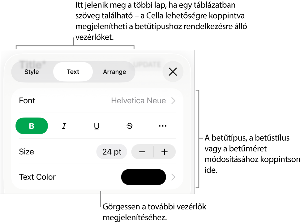 A Formátum menü szövegvezérlői a bekezdés és a karakterek stílusának, betűtípusának, méretének és színének beállításához.