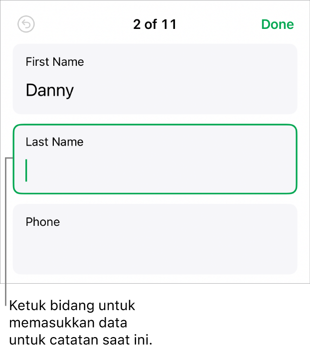 Catatan di formulir menampilkan bidang aktif dengan titik penyisipan.