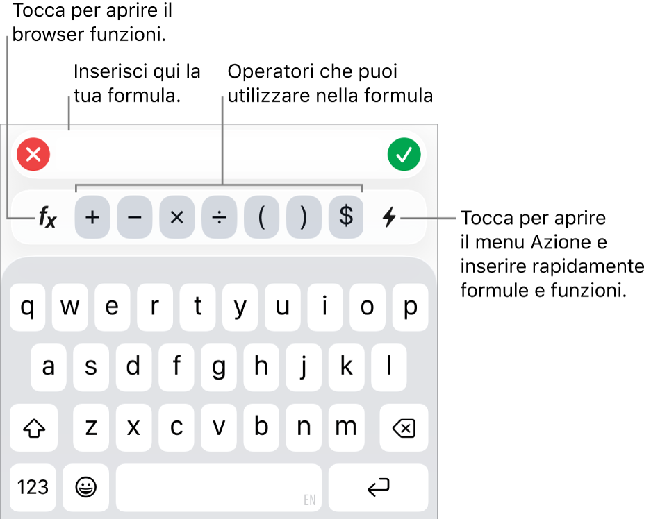 La tastiera delle formule con “Editor formule” nella parte superiore e gli operatori utilizzati nelle formule sotto di esso. Il pulsante Funzioni per aprire il browser funzioni si trova a sinistra degli operatori e il pulsante del menu Azione si trova sulla destra.