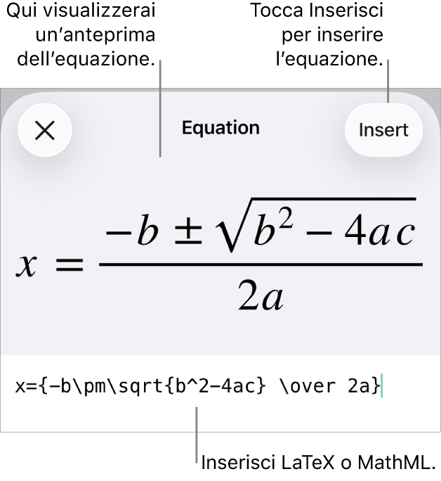 La finestra di dialogo Equazione che mostra l’equazione scritta tramite comandi MathML e un’anteprima della formula di cui sopra.