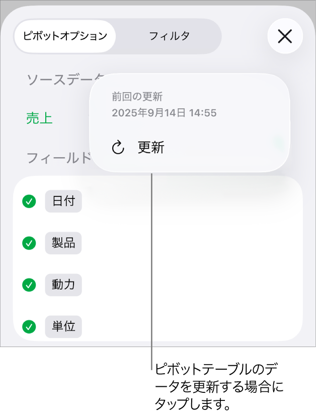 「ピボットオプション」メニュー。ピボットテーブルを更新するためのオプションが表示されています。