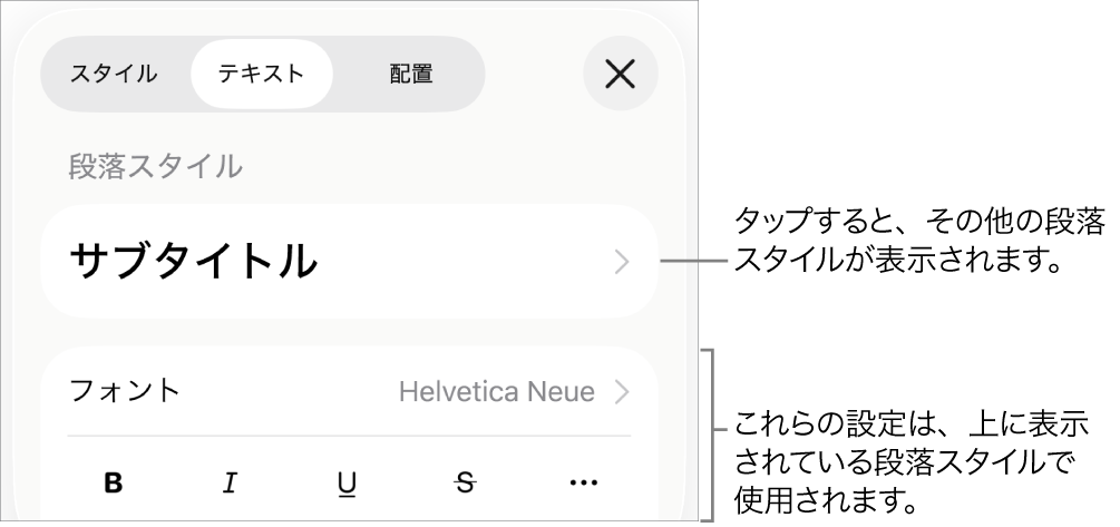 「フォーマット」メニュー。段落と文字のスタイル、フォント、サイズ、色を設定するためのテキストコントロールが表示されています。