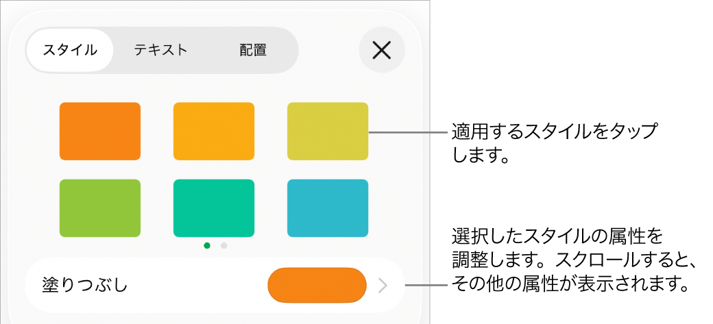 「フォーマット」メニューの「スタイル」タブ。上部に図形スタイル、下に塗りつぶしのカラーウェルが表示された状態。