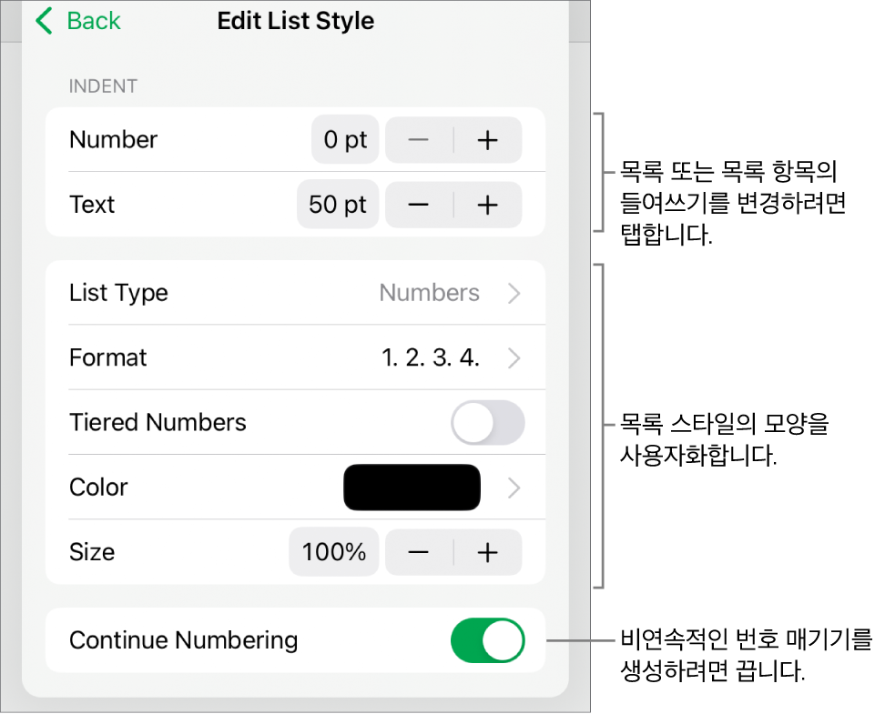 목록 스타일 편집 메뉴에 들여쓰기 간격, 목록 유형 및 포맷, 계층 번호, 목록 색상 및 크기, 연속된 숫자의 제어기가 있음.