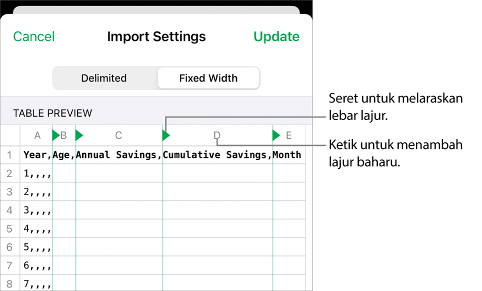 Seting import untuk fail teks lebar tetap.