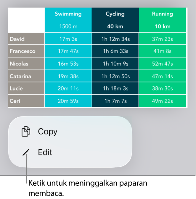Jadual dipilih dan di bawahnya ialah menu dengan butang Salin dan Edit.