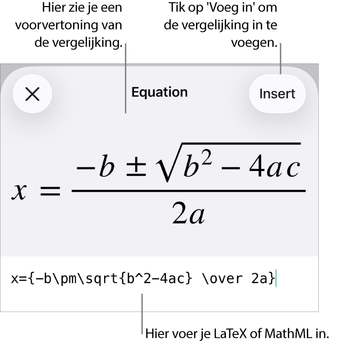 Het venster 'Vergelijking' met daarin een vergelijking die geschreven is met MathML-commando's en erboven een voorvertoning van de formule.