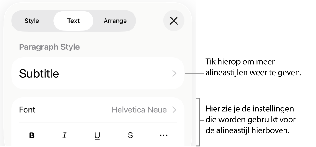 Het opmaakmenu met tekstregelaars voor het instellen van alinea- en tekenstijl, lettertype, lettergrootte en kleur.