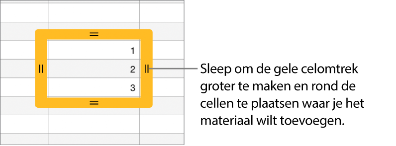 Een geselecteerde cel met een grote gele rand die je kunt slepen om cellen automatisch te vullen.