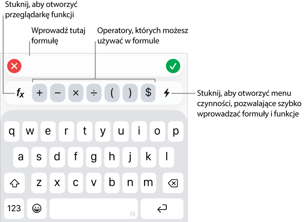 Klawiatura formuł z widocznym u góry edytorem formuł oraz widocznymi poniżej operatorami używanymi w formułach. Przycisk Funkcje, otwierający przeglądarkę funkcji, znajduje się po lewej stronie operatorów, a przycisk Czynności widoczny jest po prawej.
