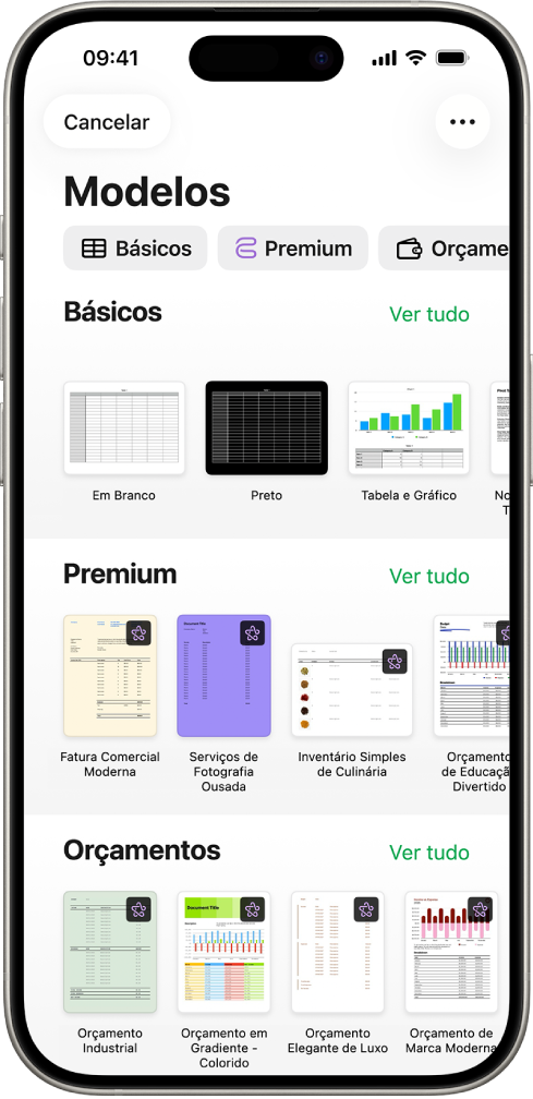 Seletor de modelos, mostrando uma linha de categorias na parte superior na qual você pode tocar para filtrar as opções. Abaixo estão miniaturas de modelos predefinidos organizadas em linhas por categoria, começando com Recentes na parte superior e seguidas por Básico e Finanças Pessoais. O botão Ver Tudo aparece acima e à direita de cada linha de categoria. O botão Idioma e Região está no canto superior direito.