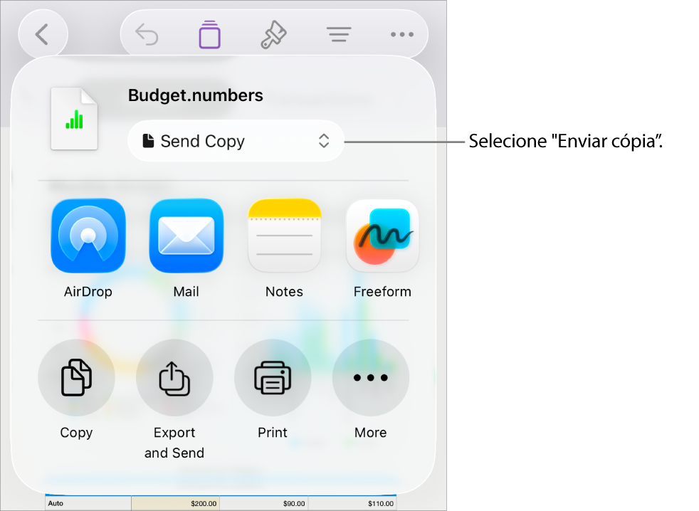 O menu “Partilhar” com “Enviar cópia” selecionada na parte superior.