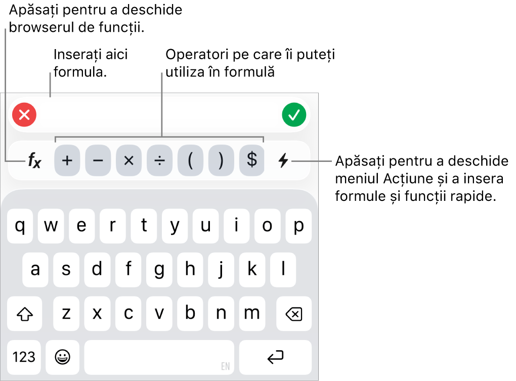 Tastatura pentru formule, cu editorul de formule în partea de sus și operatorii utilizați în formule sub acesta. Butonul Funcții pentru deschiderea browserului de funcții se află în stânga operatorilor, iar butonul pentru meniul Acțiune se află în dreapta.