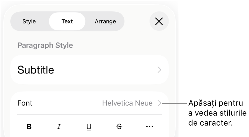 Comenzile Format cu stilurile de paragraf în partea de sus, apoi comenzile Font. Sub Font se află butoanele Aldin, Cursiv, Subliniat, Tăiat cu o linie și Alte opțiuni de text.