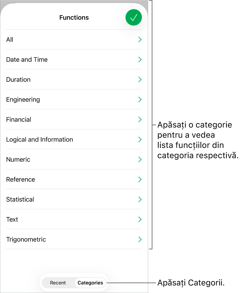 Browserul de funcții cu butonul Categorii selectat și lista categoriilor mai jos.