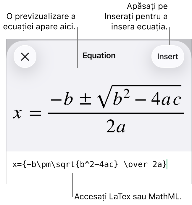 Caseta de dialog Ecuație, afișând o ecuație scrisă cu ajutorul comenzilor MathML și, deasupra, o previzualizare a formulei.