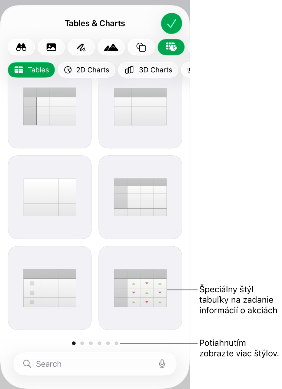 Miniatúry dostupných štýlov tabuľky so špeciálnym štýlom na zadávanie informácií o akciách v pravom dolnom rohu. Šesť bodiek v dolnej časti označuje, že môžete potiahnutím zobraziť ďalšie štýly.