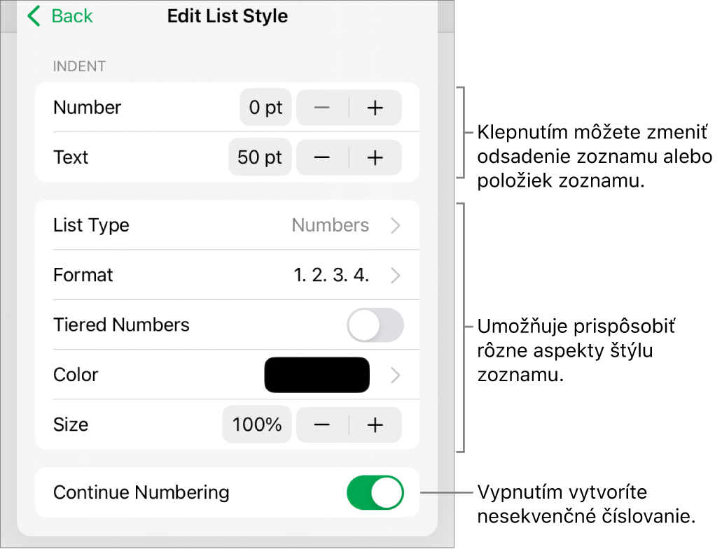 Menu Upraviť štýl zoznamu s ovládacími prvkami pre odsadenie, typ a formát zoznamu, odstupňované čísla, farbu a veľkosť zoznamu a nadväzujúce číslovanie.