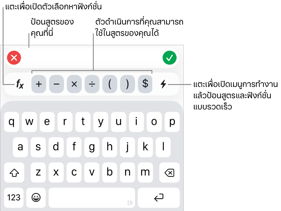 แป้นพิมพ์สูตร ซึ่งมีตัวแก้ไขสูตรที่ด้านบนสุด และตัวดำเนินการที่ใช้ในสูตรต่างๆ ด้านล่างแป้นพิมพ์ ปุ่มฟังก์ชั่นสำหรับเปิดหน้าต่างเลือกฟังก์ชั่นจะอยู่ทางซ้ายของตัวดำเนินการ และปุ่มเมนูการทำงานจะอยู่ทางขวา