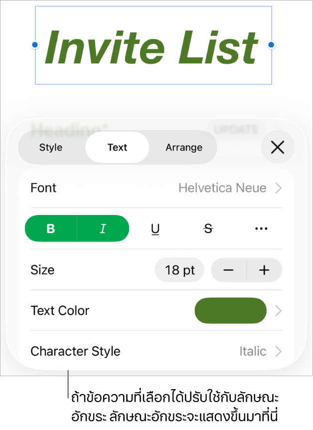 ตัวควบคุมการจัดรูปแบบข้อความที่มีลักษณะอักขระด้านล่างตัวควบคุมสี ลักษณะอักขระ ไม่มี แสดงพร้อมกับเครื่องหมายดอกจัน