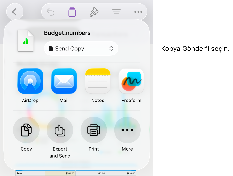 Paylaş menüsü, en üstte Kopya Gönder seçili.