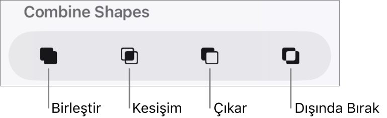 Şekilleri Birleştir’in altındaki Birleştir, Kesişim, Çıkar ve Dışında Bırak düğmeleri.