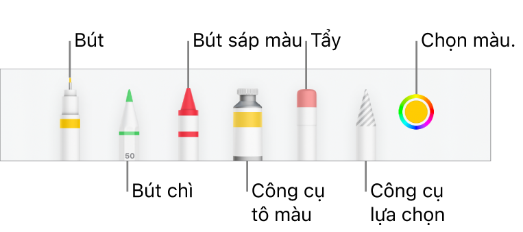 Thanh công cụ vẽ trong Numbers trên iPhone với bút, bút chì, bút sáp màu, công cụ tô màu, tẩy, công cụ chọn và ô màu hiển thị màu hiện tại.