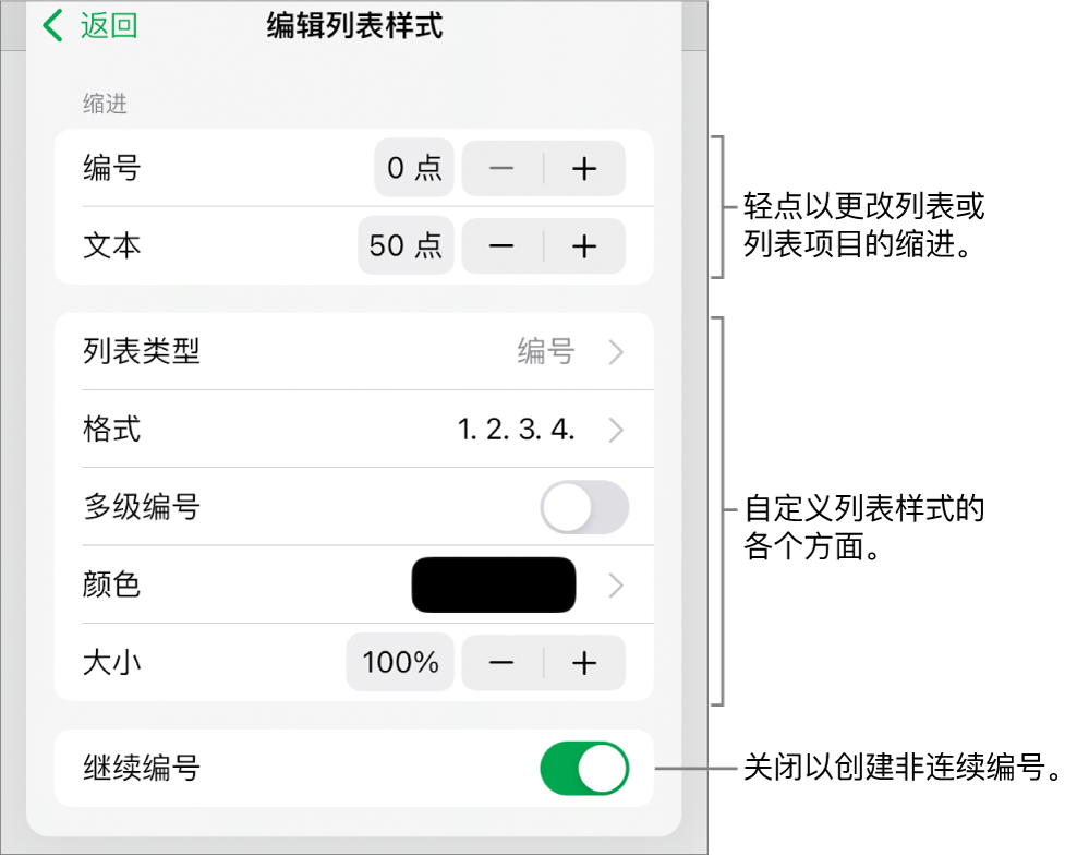 “编辑列表样式”菜单,包含缩进间距、列表类型和格式、多级编号、列表颜色和大小以及继续编号的控制。