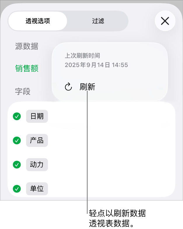 “透视选项”菜单显示刷新数据透视表的选项。