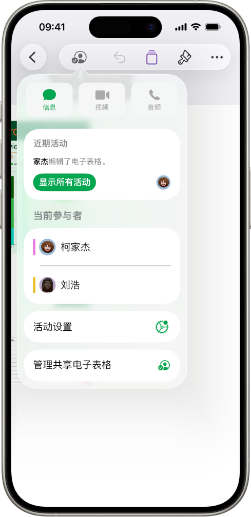 协作菜单，显示协作处理电子表格的用户的名字。