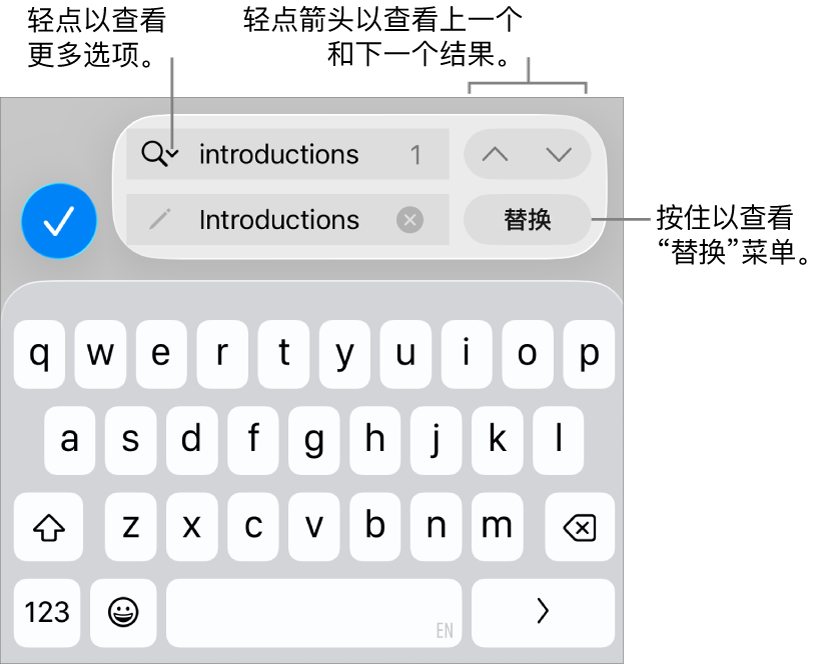 键盘上方的“查找与替换”控制,标注框指向“搜索选项”、“替换”、“前往上一个”和“前往下一个”按钮。