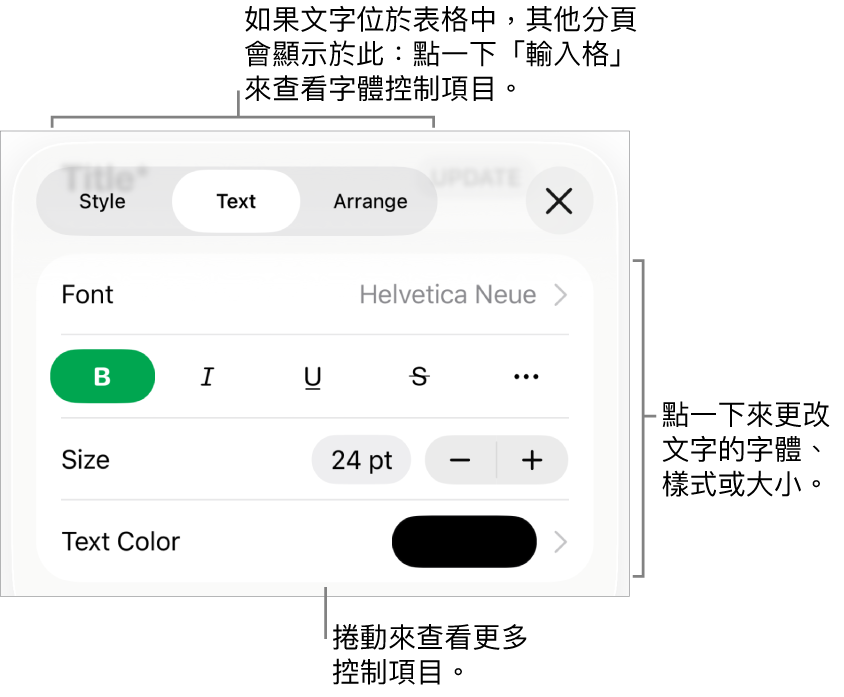 「格式」選單中設定段落及字元樣式、字體、大小和顏色的文字控制項目。