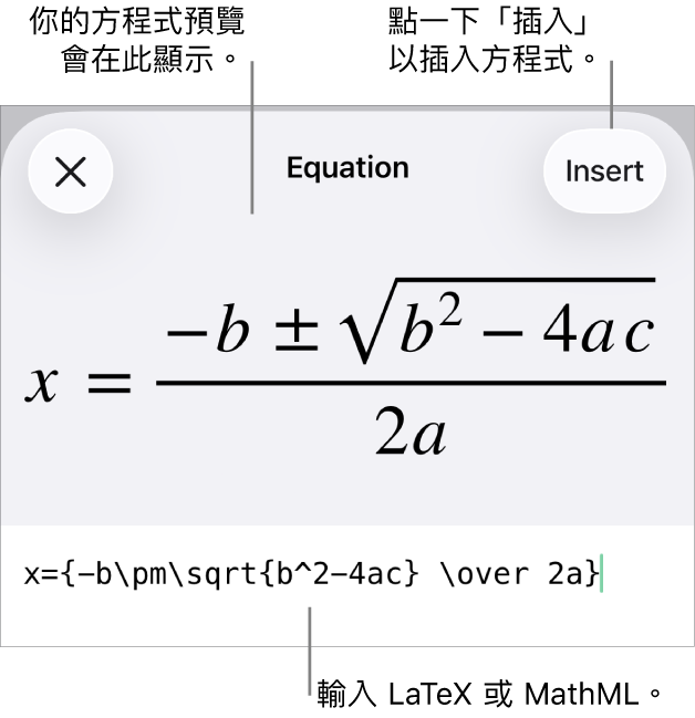 「方程式」對話框，顯示使用 MathML 指令寫入的方程式，上方是公式的預覽。