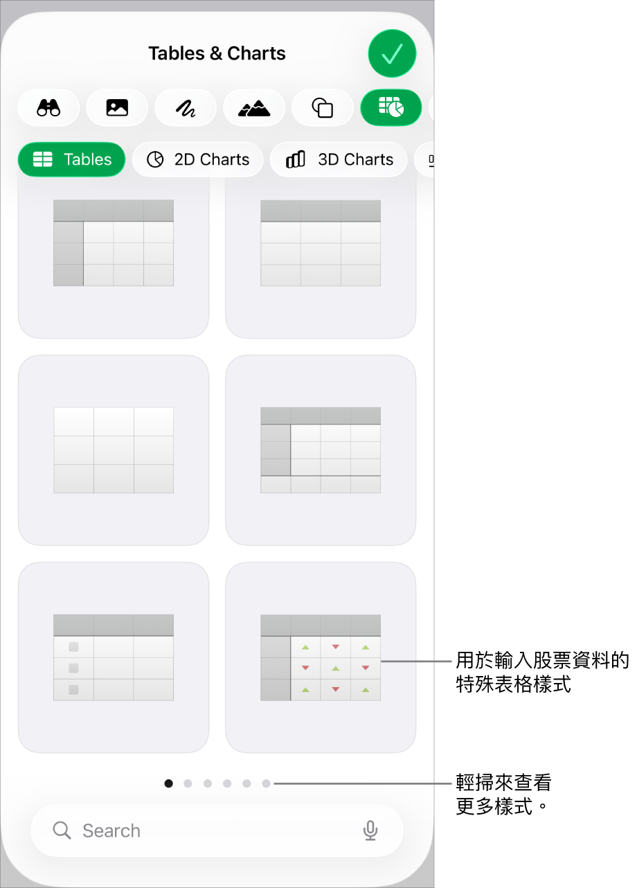 可用表格樣式的縮圖，右下角是用於輸入股票資料的特殊樣式。底部的六個圓點表示你可以輕掃來查看更多樣式。