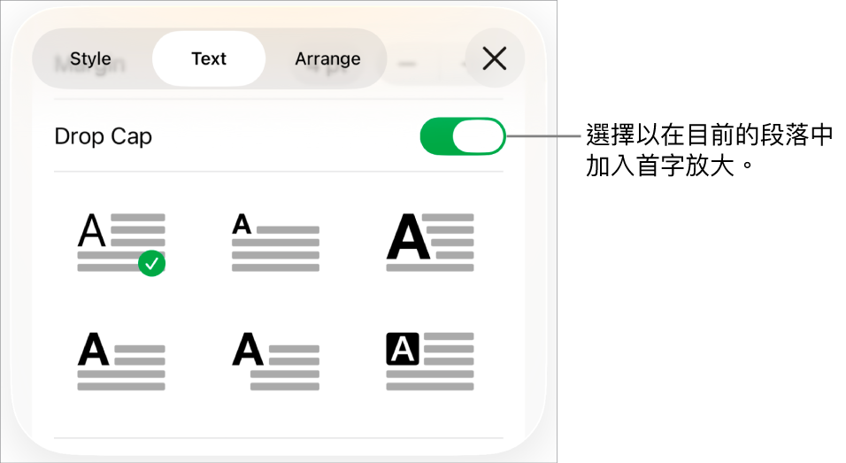 「首字放大」控制項目位於「文字」選單。